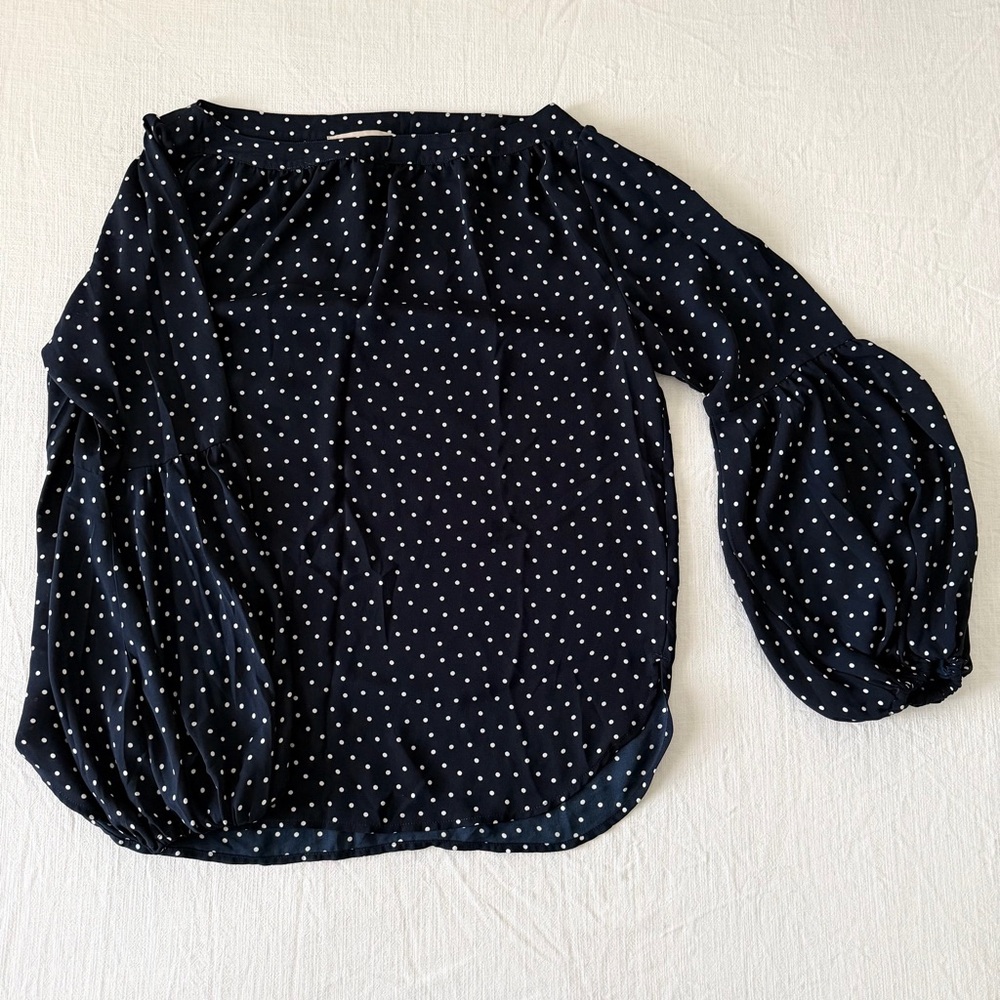 LOFT Navy Blue Polka Dot Blouse Balloon Sleeves